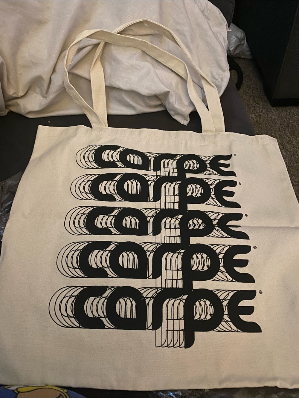 Canvas Tote Bag with Black Graphic Print - Cream